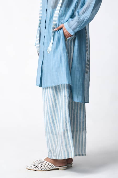 JAYATI GOENKA Blue Chanderi Silk Collared Sky Shirt Co-ord Set at Aza Fashions JAYATI GOENKA_Blue Chanderi Silk Collared Sky Shirt Co-ord Set _at_Aza_Fashions