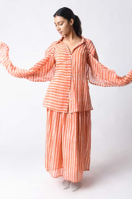 JAYATI GOENKA Coral Chanderi Silk Embroidery Collared Striped Shirt And Skirt Set Online at Aza Fashions JAYATI GOENKA_Coral Chanderi Silk Embroidery Collared Striped Shirt And Skirt Set _Online_at_Aza_Fashions