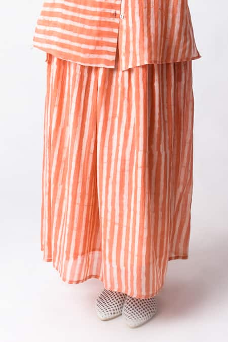 Buy JAYATI GOENKA Coral Chanderi Silk Embroidery Collared Striped Shirt And Skirt Set Online at Aza Fashions Buy_JAYATI GOENKA_Coral Chanderi Silk Embroidery Collared Striped Shirt And Skirt Set _Online_at_Aza_Fashions