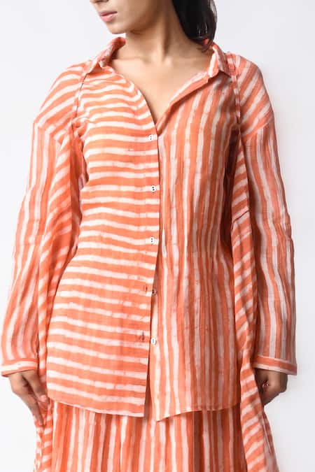 Shop JAYATI GOENKA Coral Chanderi Silk Embroidery Collared Striped Shirt And Skirt Set Online at Aza Fashions Shop_JAYATI GOENKA_Coral Chanderi Silk Embroidery Collared Striped Shirt And Skirt Set _Online_at_Aza_Fashions