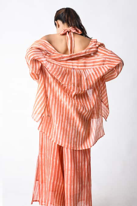 JAYATI GOENKA Coral Striped Shirt & Skirt Set 