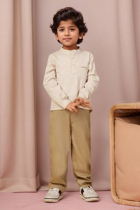 Petite Pomme_Beige Cotton Striped Shirt And Pant Set_Online_at_Aza_Fashions