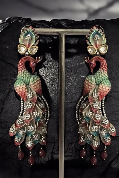Shop Amaara Jewels Multi Color Zari Bright Ombrey Peacock Luxe Dangler Earrings at Aza Fashions Shop_Amaara Jewels_Multi Color Zari Bright Ombrey Peacock Luxe Dangler Earrings _at_Aza_Fashions