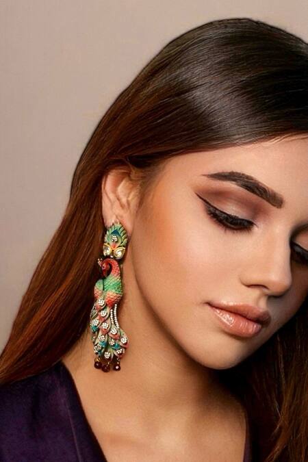 Shop Amaara Jewels Multi Color Zari Bright Ombrey Peacock Luxe Dangler Earrings Online at Aza Fashions Shop_Amaara Jewels_Multi Color Zari Bright Ombrey Peacock Luxe Dangler Earrings _Online_at_Aza_Fashions