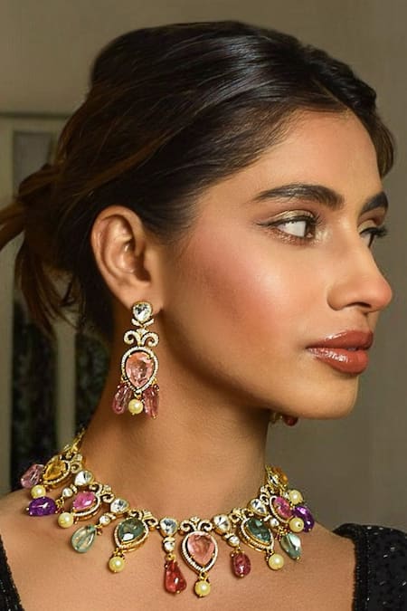 Amaara Jewels Gold Plated Stones Elegant Multi Colour Necklace Set Online at Aza Fashions Amaara Jewels_Gold Plated Stones Elegant Multi Colour Necklace Set _Online_at_Aza_Fashions