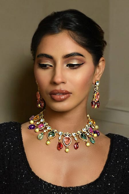 Shop Amaara Jewels Gold Plated Stones Elegant Multi Colour Necklace Set at Aza Fashions Shop_Amaara Jewels_Gold Plated Stones Elegant Multi Colour Necklace Set _at_Aza_Fashions