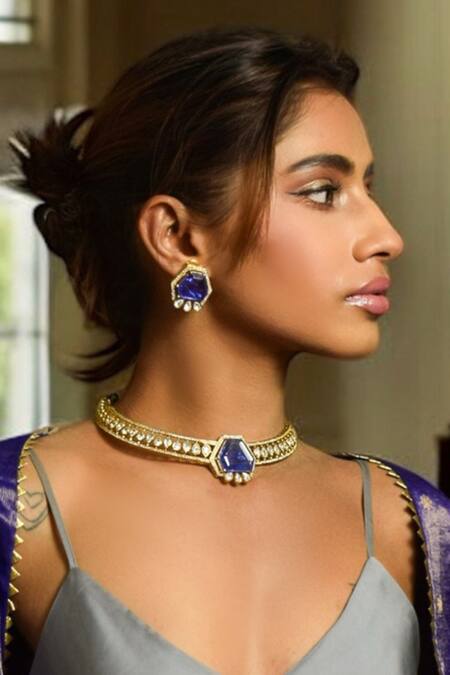Amaara Jewels_Gold Plated Stones Choker Set With Amethist And Polki_Online_at_Aza_Fashions