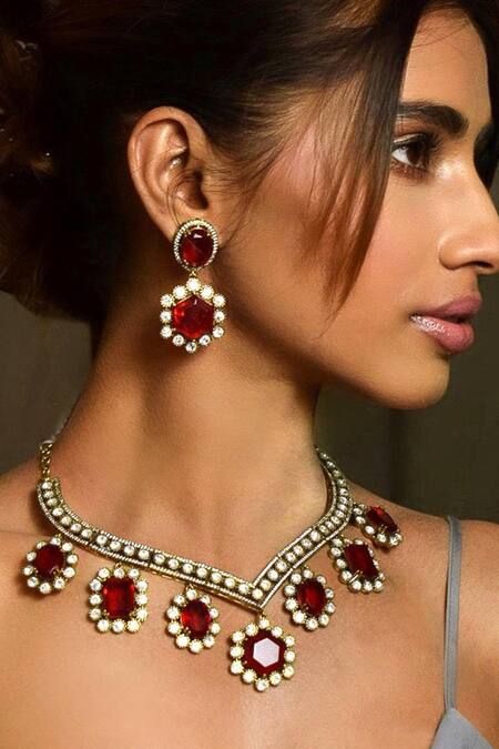 Buy Amaara Jewels Gold Plated Imitation Diamonds Ruby Moissanite Regal Necklace Set Online at Aza Fashions Buy_Amaara Jewels_Gold Plated Imitation Diamonds Ruby Moissanite Regal Necklace Set _Online_at_Aza_Fashions