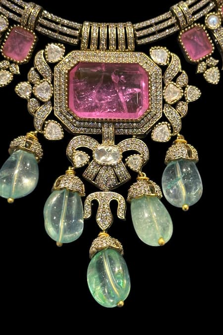 Amaara Jewels_Gold Plated Dull And Tourmaline Pink Jewellery Set_Online_at_Aza_Fashions