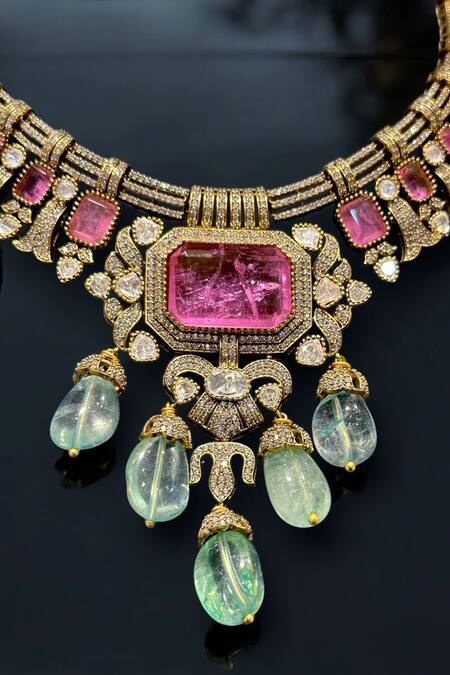 Buy_Amaara Jewels_Gold Plated Dull And Tourmaline Pink Jewellery Set_Online_at_Aza_Fashions