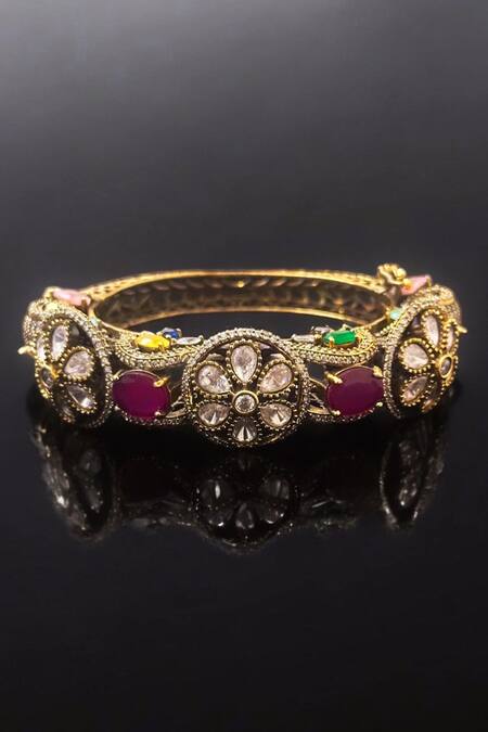 Amaara Jewels_Gold Plated Stones Antique Navratan Polki Bangle_Online_at_Aza_Fashions