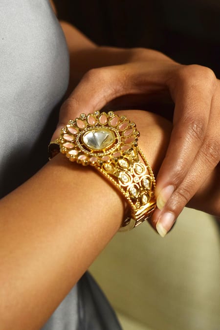 Shop_Amaara Jewels_Gold Plated Stones Cutout Moissanite Bangle _at_Aza_Fashions