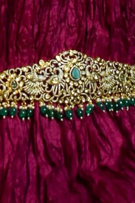 Amaara Jewels_Gold Plated Dull Polki Emerald Kamarbandh_Online_at_Aza_Fashions