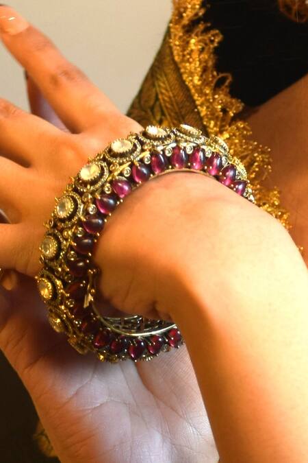 Amaara Jewels_Gold Plated Rhinestones, Stones Designer Antique Bangle With Moissanite And Ruby _Online_at_Aza_Fashions