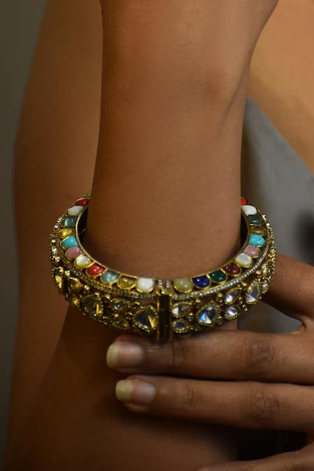 Amaara Jewels_Gold Plated Stones Antique Navratan Designer Bracelet _Online_at_Aza_Fashions