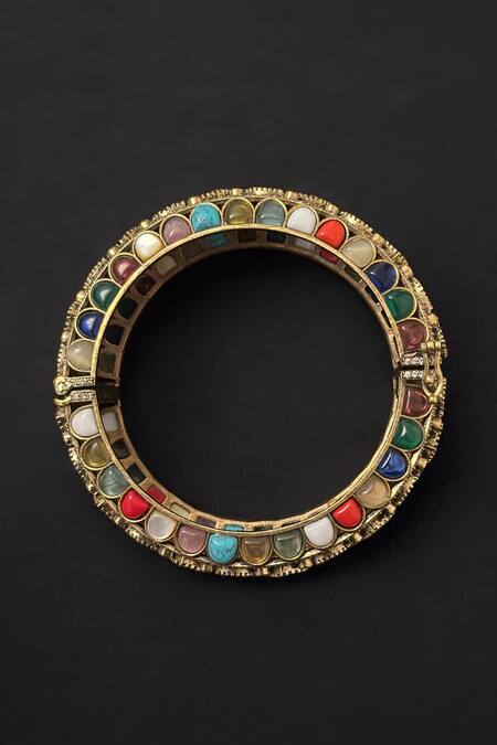 Shop Amaara Jewels Gold Plated Stones Antique Navratan Designer Bracelet Online at Aza Fashions Shop_Amaara Jewels_Gold Plated Stones Antique Navratan Designer Bracelet _Online_at_Aza_Fashions