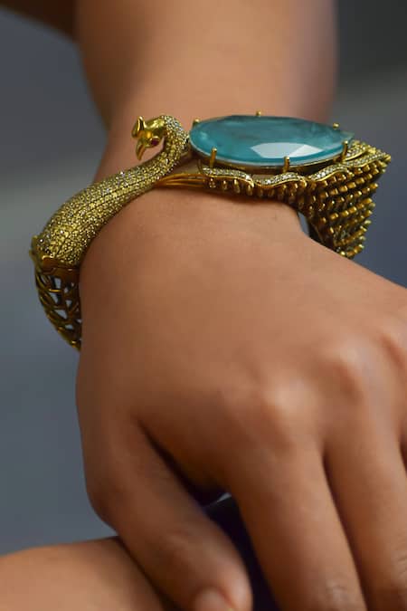 Shop Amaara Jewels Gold Plated Crystals, Stones Antique And Mint Jade Designer Bracelet Online at Aza Fashions Shop_Amaara Jewels_Gold Plated Crystals, Stones Antique And Mint Jade Designer Bracelet _Online_at_Aza_Fashions