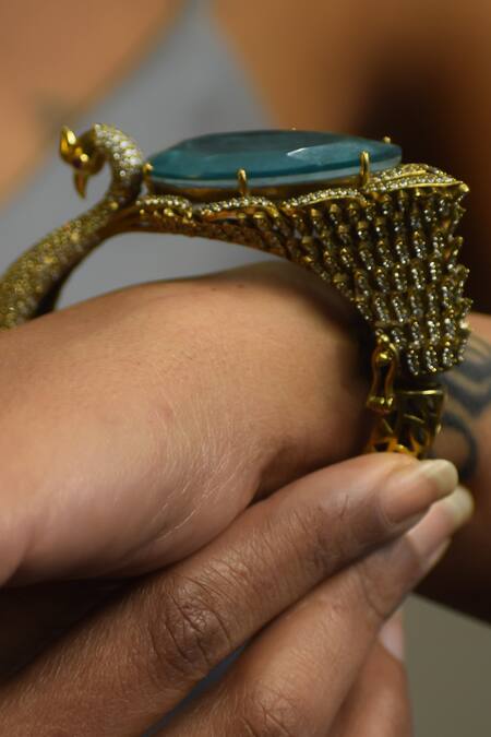 Amaara Jewels_Gold Plated Crystals, Stones Antique And Mint Jade Designer Bracelet _at_Aza_Fashions