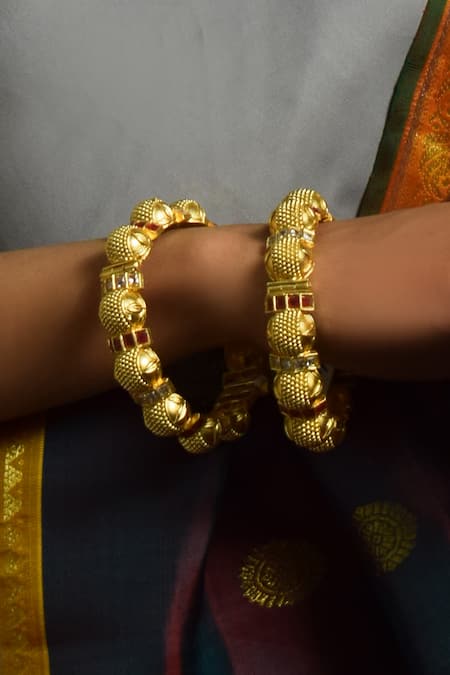 Shop_Amaara Jewels_Gold Plated Zari Kundan Ruby Ever Glow Bangles _at_Aza_Fashions