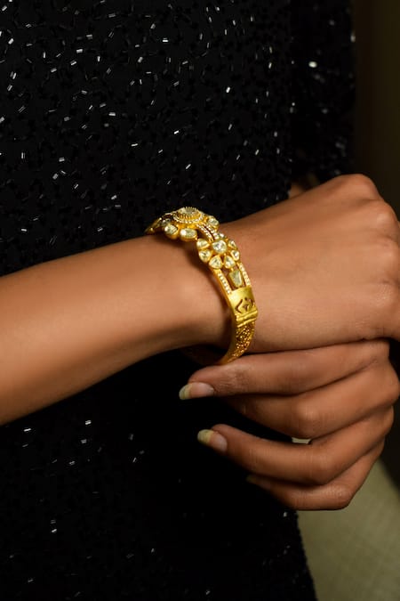Shop_Amaara Jewels_Gold Plated Stones Matte Moissanite Cuff Bracelet _at_Aza_Fashions
