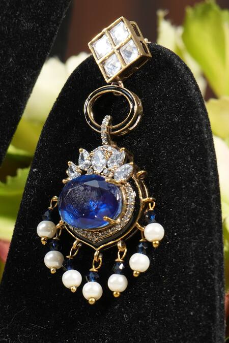 Shop_Amaara Jewels_Gold Plated Stones, Pearls, Crystals Antique Sapphire Necklace Set_Online_at_Aza_Fashions