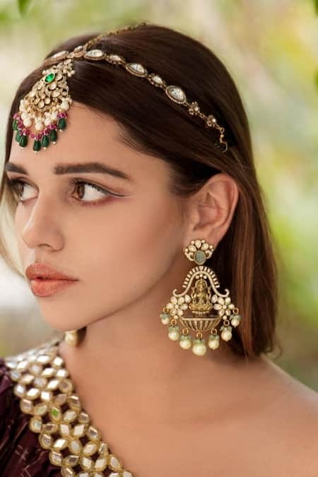 Shop Amaara Jewels Gold Plated Antique Moissanite Dangler Earrings at Aza Fashions Shop_Amaara Jewels_Gold Plated Antique Moissanite Dangler Earrings _at_Aza_Fashions