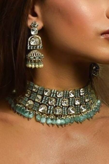 Amaara Jewels_Gold Plated Pearls Matte Moissanite Jewellery Set_Online_at_Aza_Fashions