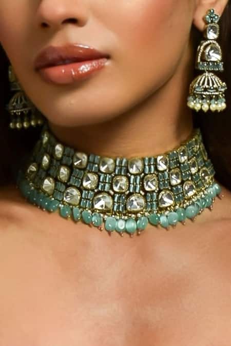 Shop_Amaara Jewels_Gold Plated Pearls Matte Moissanite Jewellery Set_Online_at_Aza_Fashions