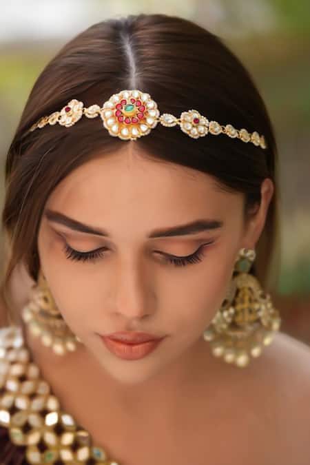 Shop Amaara Jewels Gold Plated And Ruby Polki Mathapatti at Aza Fashions Shop_Amaara Jewels_Gold Plated And Ruby Polki Mathapatti _at_Aza_Fashions