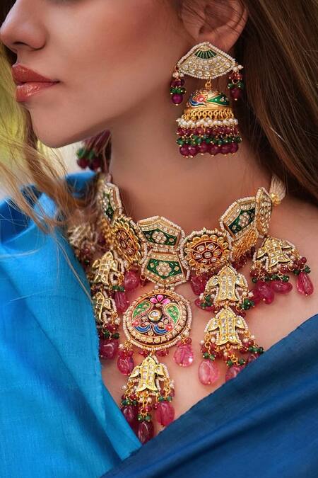 Amaara Jewels Multi Color Metallic Thread, Stones Heritage Gold Meenakari Jewellery Set Online at Aza Fashions Amaara Jewels_Multi Color Metallic Thread, Stones Heritage Gold Meenakari Jewellery Set _Online_at_Aza_Fashions