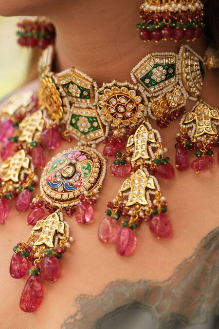 Shop_Amaara Jewels_Multi Color Metallic Thread, Stones Heritage Gold Meenakari Jewellery Set _Online_at_Aza_Fashions