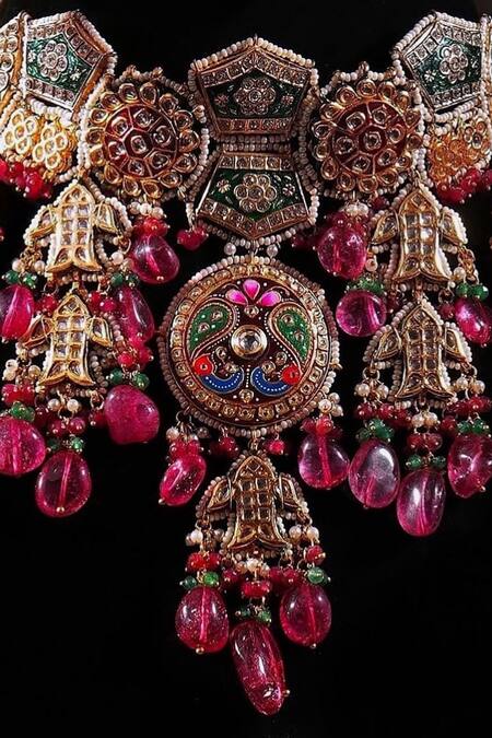 Amaara Jewels Multi Color Metallic Thread, Stones Heritage Gold Meenakari Jewellery Set at Aza Fashions Amaara Jewels_Multi Color Metallic Thread, Stones Heritage Gold Meenakari Jewellery Set _at_Aza_Fashions