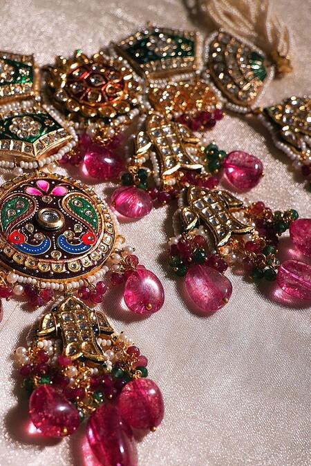 Buy_Amaara Jewels_Multi Color Metallic Thread, Stones Heritage Gold Meenakari Jewellery Set 
