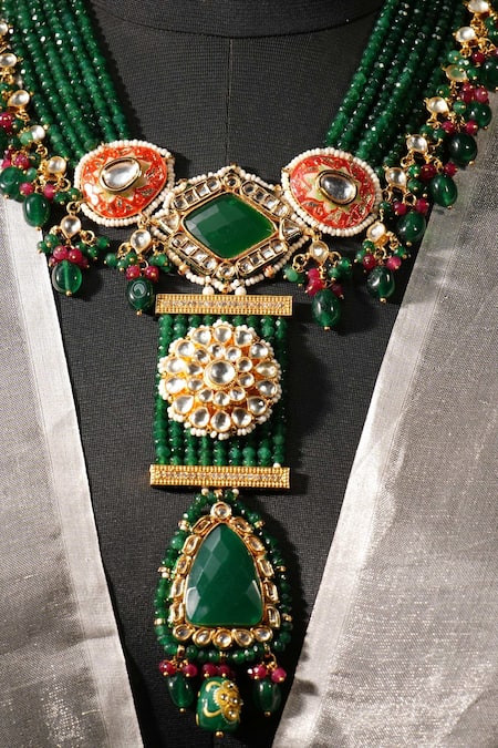 Amaara Jewels_Emerald Green Rhinestones Ruby Meenakari Necklace Set _Online_at_Aza_Fashions