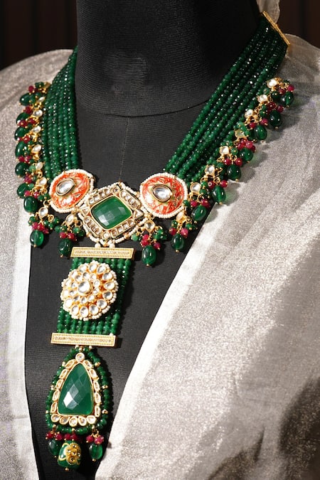 Shop_Amaara Jewels_Emerald Green Rhinestones Ruby Meenakari Necklace Set _Online_at_Aza_Fashions