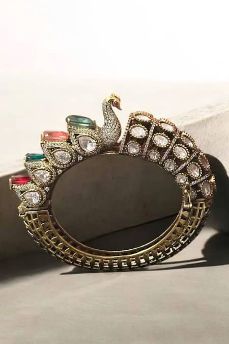 Amaara Jewels Gold Plated Diamonds, Stones Antique Moissanite Peacock Bangle Online at Aza Fashions Amaara Jewels_Gold Plated Diamonds, Stones Antique Moissanite Peacock Bangle _Online_at_Aza_Fashions