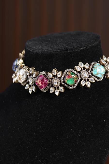 Buy_Amaara Jewels_Gold Plated Antique Polki Choker Set_Online_at_Aza_Fashions