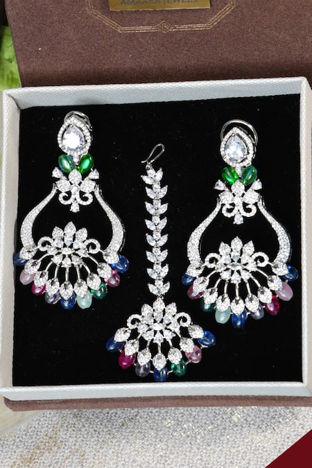 Shop Amaara Jewels Multi Color Stones Coloured Chandbali Teeka Set at Aza Fashions Shop_Amaara Jewels_Multi Color Stones Coloured Chandbali Teeka Set _at_Aza_Fashions