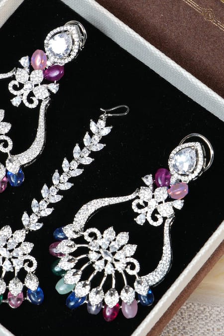 Shop Amaara Jewels Silver Plated Stones Multi Coloured Chaandbali Teeka Set at Aza Fashions Shop_Amaara Jewels_Silver Plated Stones Multi Coloured Chaandbali Teeka Set _at_Aza_Fashions