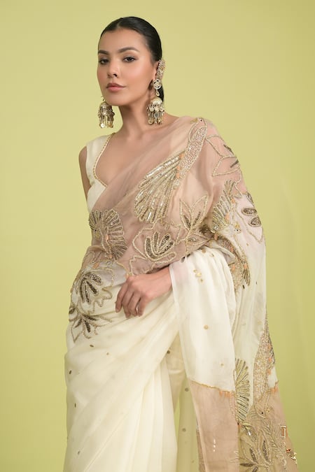 Rishi and Vibhuti Ivory Organza Embroidery, Sequins Plunge Neck Saree Set Online at Aza Fashions Rishi and Vibhuti_Ivory Organza Embroidery, Sequins Plunge Neck Saree Set _Online_at_Aza_Fashions