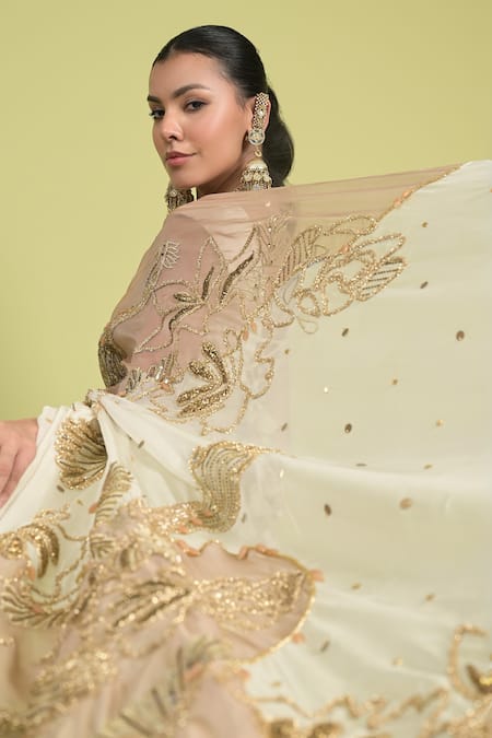 Shop Rishi and Vibhuti Ivory Organza Embroidery, Sequins Plunge Neck Saree Set Online at Aza Fashions Shop_Rishi and Vibhuti_Ivory Organza Embroidery, Sequins Plunge Neck Saree Set _Online_at_Aza_Fashions