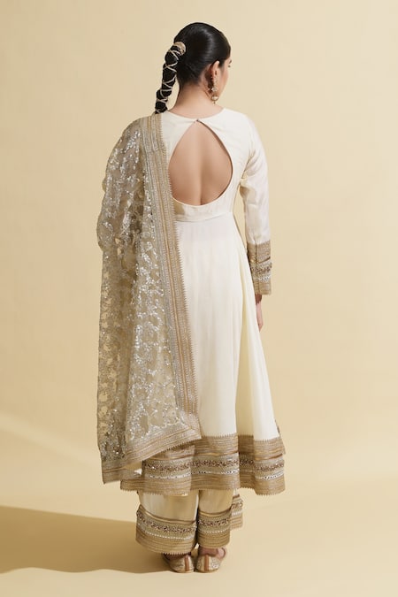 Rishi and Vibhuti Ivory & Gold Embroidered Anarkali Set 