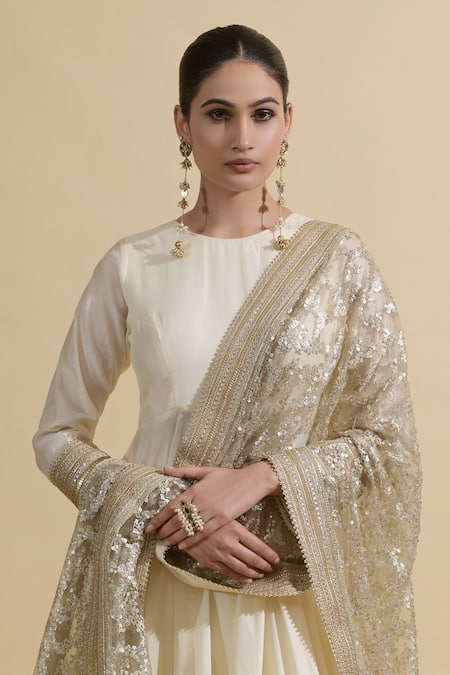 Rishi and Vibhuti_Ivory Chanderi, Net Embroidery, Zari, Sequins Round Neck And Gold Anarkali Set _Online_at_Aza_Fashions