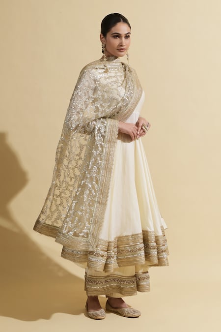 Buy_Rishi and Vibhuti_Ivory Chanderi, Net Embroidery, Zari, Sequins Round Neck And Gold Anarkali Set _Online_at_Aza_Fashions
