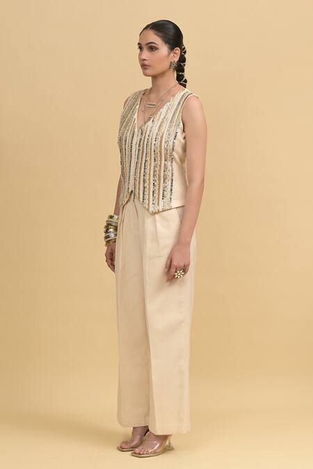Rishi and Vibhuti_Ivory Cotton Sequins, Embroidery V-neck Designer And Gold Pant Set _Online_at_Aza_Fashions