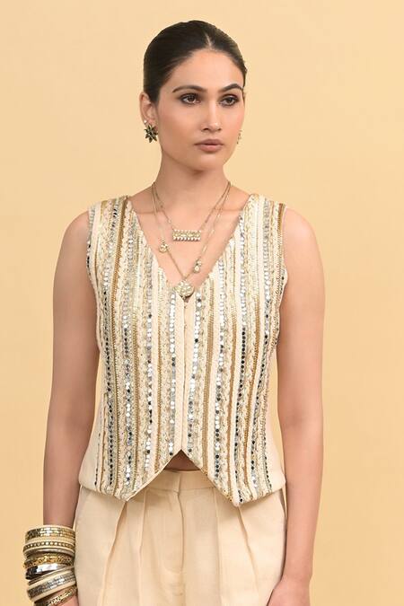 Buy_Rishi and Vibhuti_Ivory Cotton Sequins, Embroidery V-neck Designer And Gold Pant Set _Online_at_Aza_Fashions