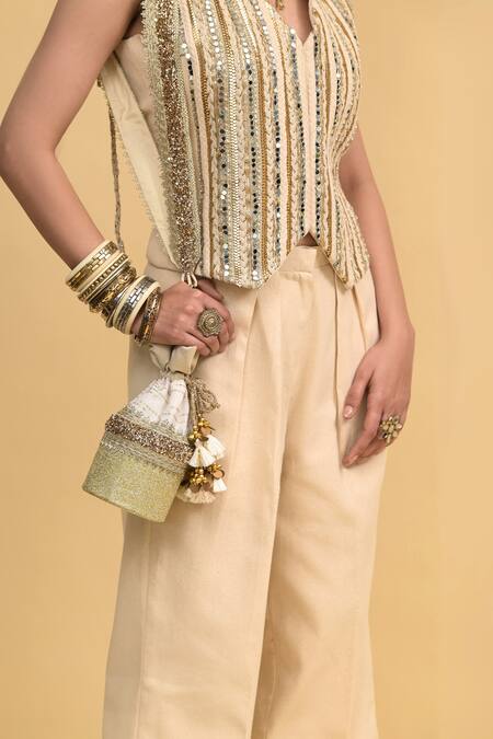 Shop_Rishi and Vibhuti_Ivory Cotton Sequins, Embroidery V-neck Designer And Gold Pant Set _Online_at_Aza_Fashions