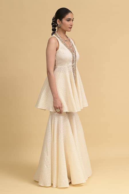 Rishi and Vibhuti_Ivory Cotton Embroidery V-neck Designer Peplum Kurta And Sharara Set _Online_at_Aza_Fashions