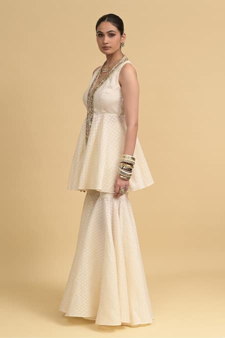 Buy_Rishi and Vibhuti_Ivory Cotton Embroidery V-neck Designer Peplum Kurta And Sharara Set _Online_at_Aza_Fashions