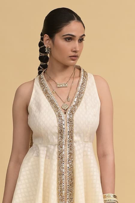 Shop_Rishi and Vibhuti_Ivory Cotton Embroidery V-neck Designer Peplum Kurta And Sharara Set _Online_at_Aza_Fashions